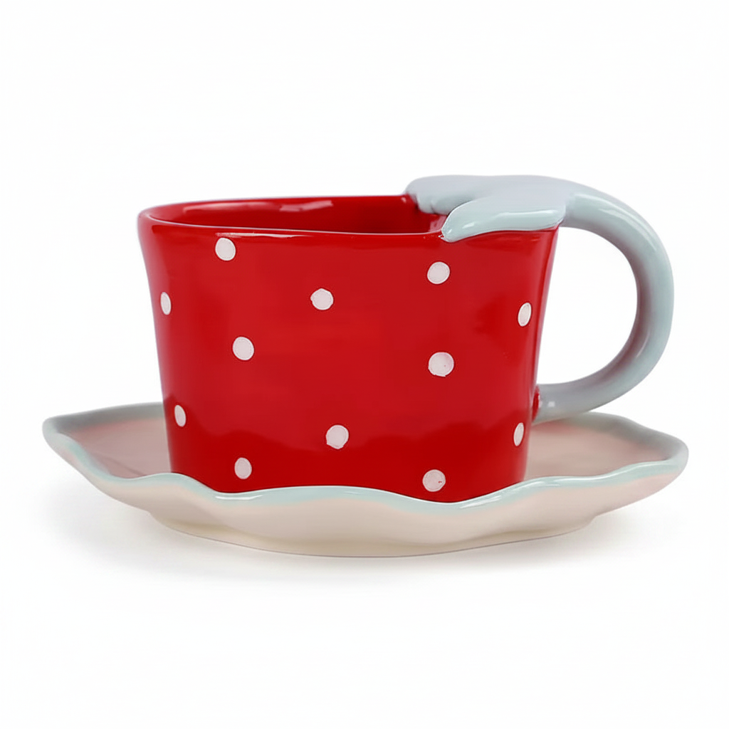 Keramiktasse in Erdbeerform mit Untertasse