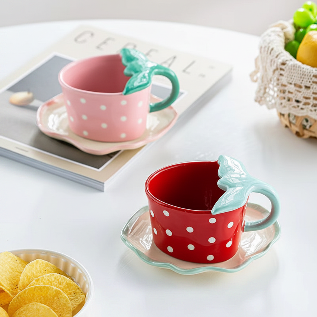 Keramiktasse in Erdbeerform mit Untertasse