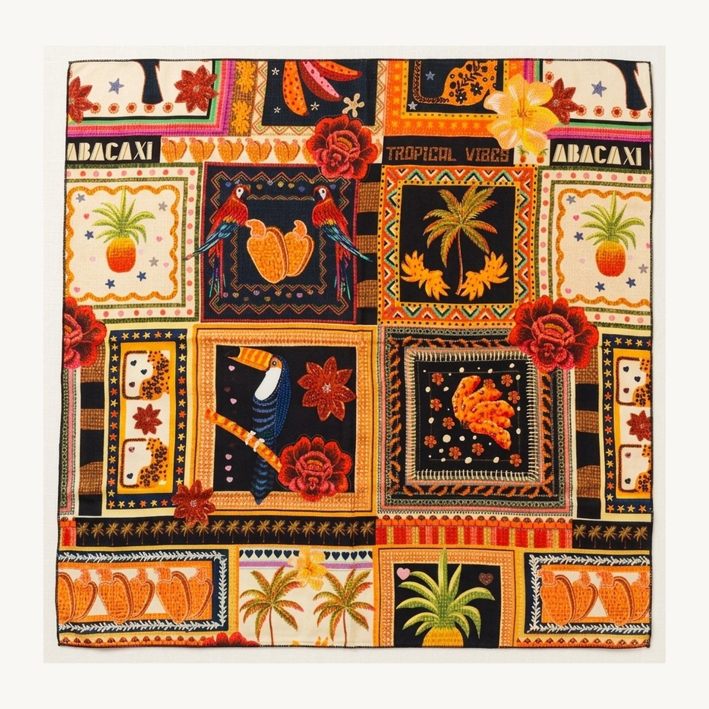 Quadratisches Viskosetuch mit tropischen Motiven, Blumen und Papageien
